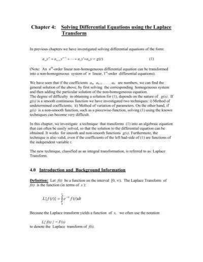 Chapter 4 Solving Differential Equations Using The Laplace Transform