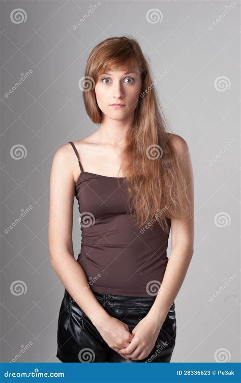 Cheerful Casual Girl On Gray Stock Image Image Of Single Gray 28336623