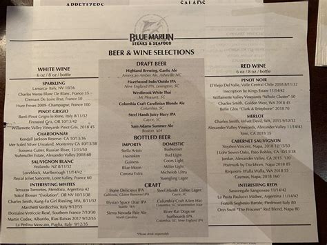 Menu at Blue Marlin steakhouse, Columbia, Lincoln St