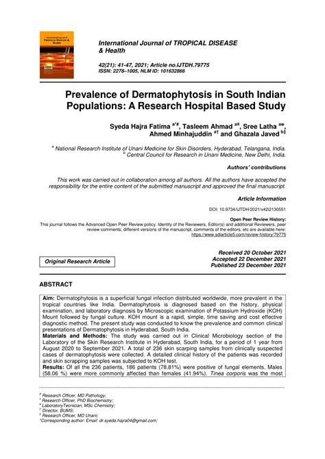 Pdf Prevalence Of Dermatophytosis In South Indian Populations A