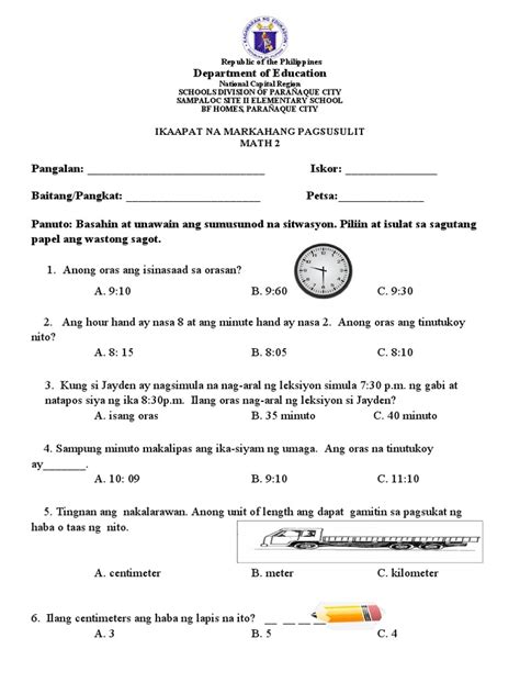 4th Periodical Test Math Pdf