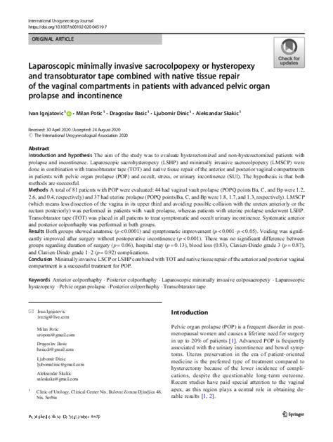 Pdf Laparoscopic Minimally Invasive Sacrocolpopexy Or Hysteropexy And