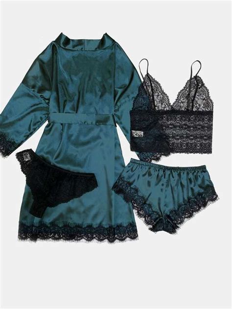 Pack Floral Lace Lingerie Set With Satin Belted Robe Shein Uk