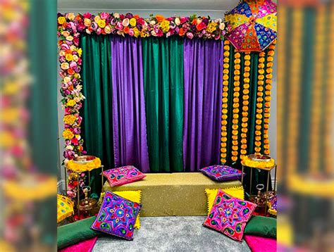 Green Purple Themed Floral Haldi Mehendi Setup Floral Party