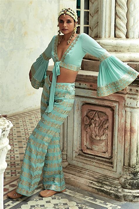 Buy Blue Tussar Silk And Crepe Embroidery Patti Falak Crop Top And Pant