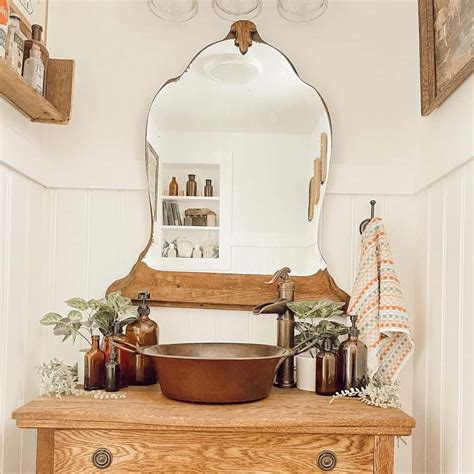 Bathroom With Repurposed Dresser And Bronze Sink Soul And Lane