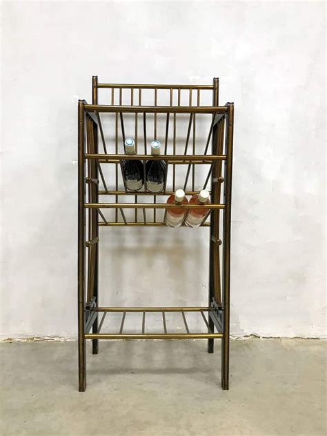 Vintage Midcentury Modern Wooden Brass Wine Bottle Rack Wijnrek