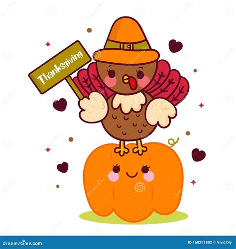 Cute Turkey Thanksgiving Cartoon With Pumpkin Illustration Kawaii