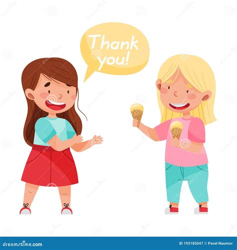 Polite Girl Expressing Gratitude To Her Agemate for Sharing Ice Cream Vector Illustration Stock ...