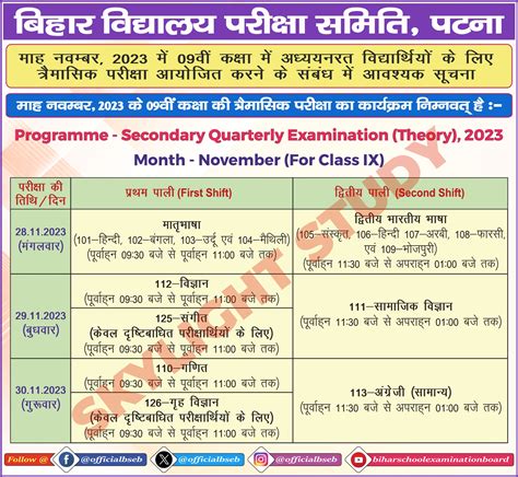 BSEB 9th Class November Monthly Quarterly Exam Routine SkyLight Study