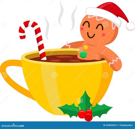 Cute Christmas Gingerbread Man Cartoon Character In A Cup Of Hot Chocolate Stock Vector