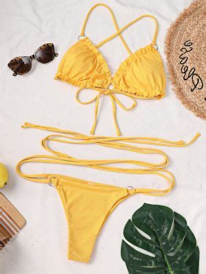 Brazilian Micro Bikini Mujer Sexy String Swimsuit Pleated Ribbed Bikini Set Yellow Swimwear