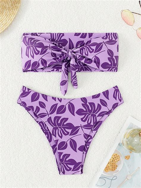 Tropical Print Knot Front Bandeau Bikini Swimsuit Shein Usa