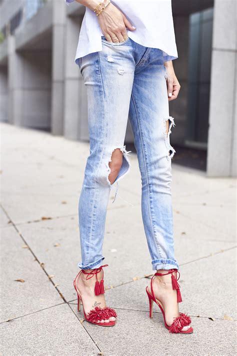 Fashion Jackson Red Fringe Heels Denim Ripped Skinny Jeans Fashion