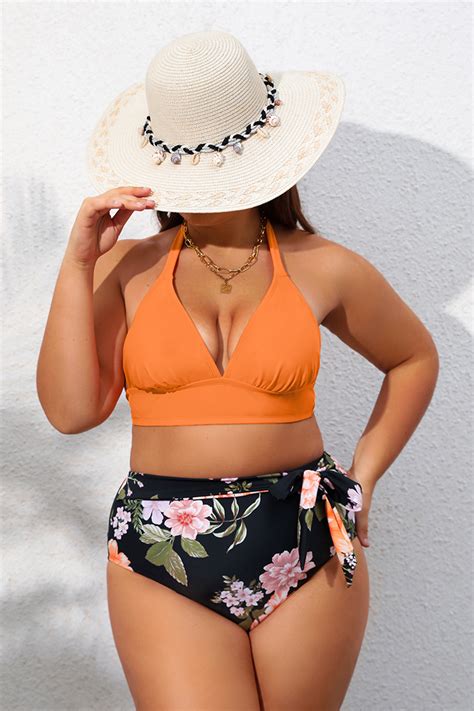 Plus Size Floral Halter Belted Bikini Swimsuit Cupshe UK