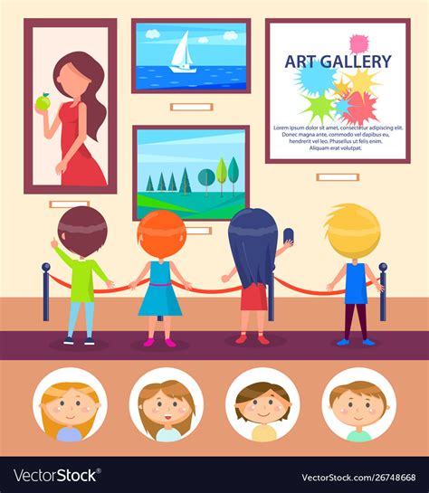 School kids in art gallery pictures exhibition Vector Image