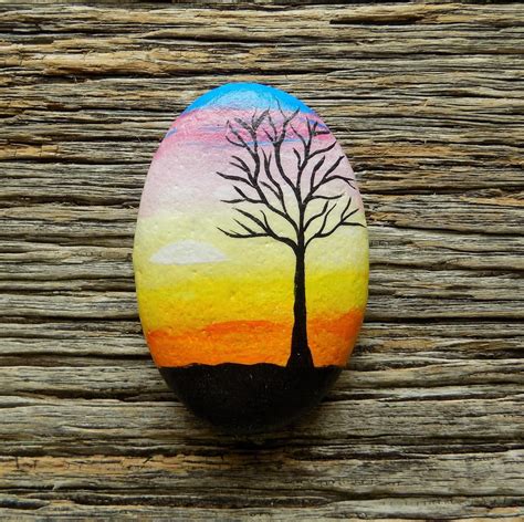 Scenic Sunset Painted Rock Decorative Accent Stone Paperweight