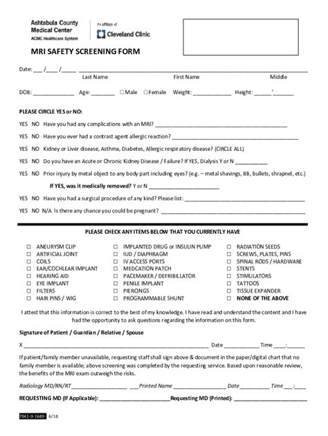 Fillable Online Mri Safety Screening Form Docx Fax Email Print Pdffiller