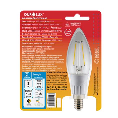 Lâmpada Superled Vela Filamento 3W E 14 6000K Clara 20172 Ourolux