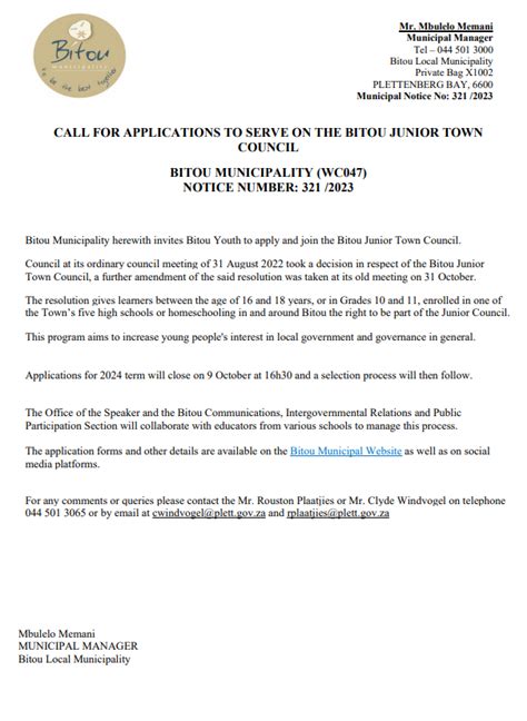 Public Notice Call For Applications To Serve On The Bitou Junior Town