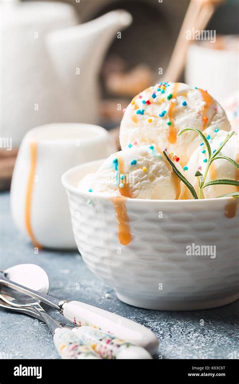 Homemade Organic Vanilla Ice Cream With Mint Stock Photo Alamy