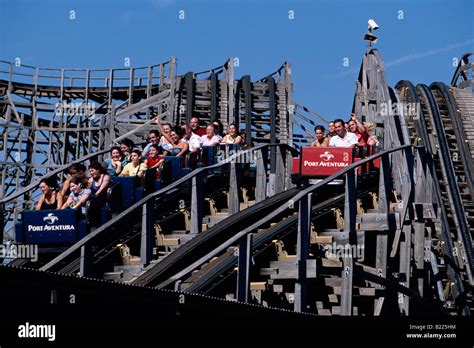 People Enjoying Roller Coaster Stampida Portaventura Theme Park Salou