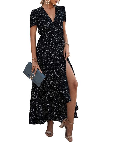 Prettygarden Women S Summer Wrap Maxi Dress Casual Boho Floral V Neck Short Sleeve Ruffle Hem