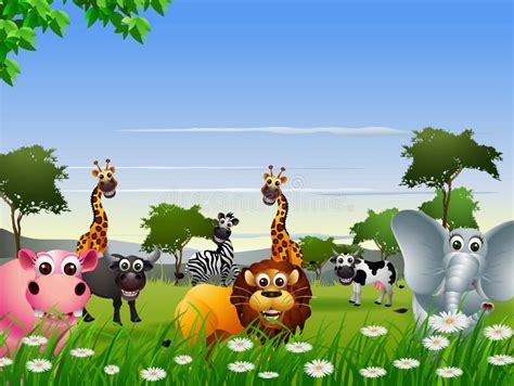 Funny Animal Cartoon With Nature Background Stock Illustration - Image ...