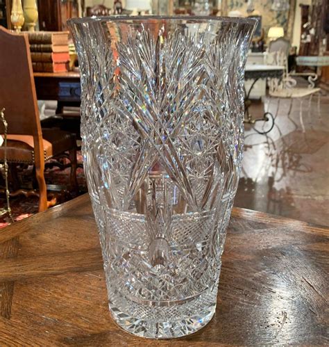 Midcentury Clear Cut Glass Crystal Vase With Floral And Leaf Motifs At 1stdibs