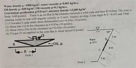 [Solved]: Water density =1000kg/m3, water viscosity =0.001