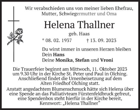 Traueranzeigen Von Helena Thallner Trauer Merkur De