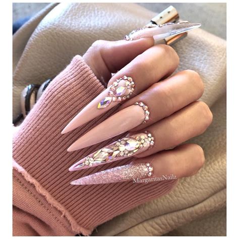 Nude color stiletto nails Bling nail art design Wedding glitter Ombré