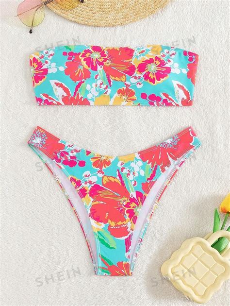 Shein Swim Mod Ba Ador Bikini Bandeau Con Estampado Floral Moda De