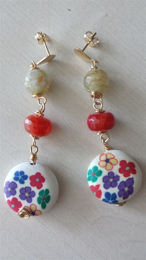 Agatha And Polymer Clay On Gold Filled Jewelry Precious Stones Earrings