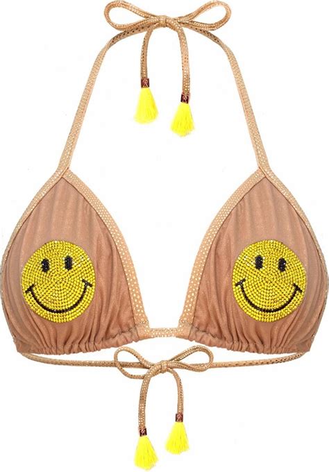 ELIN RITTER IBIZA Women S Yellow Orange Gold Smiley Face Crystal Sheer Gold Mesh Bikini Top