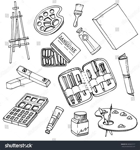 Doodle Art Materials Collection Hand Drawn Vector De Stock Libre De