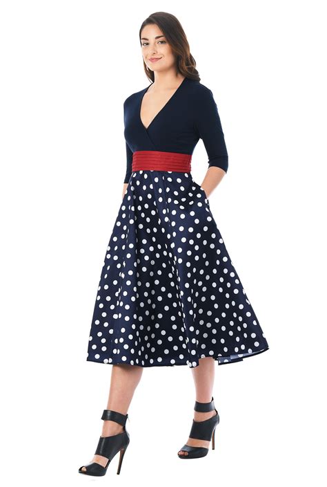 Shop Polka Dot Mixed Media Surplice Dress Eshakti