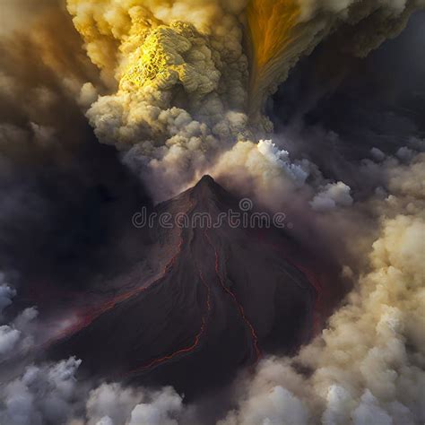 Aerial View Of Billowing Smoke And Ashes Erupting From A Volcano Stock