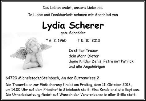 Traueranzeigen Von Lydia Scherer Vrm Trauer De