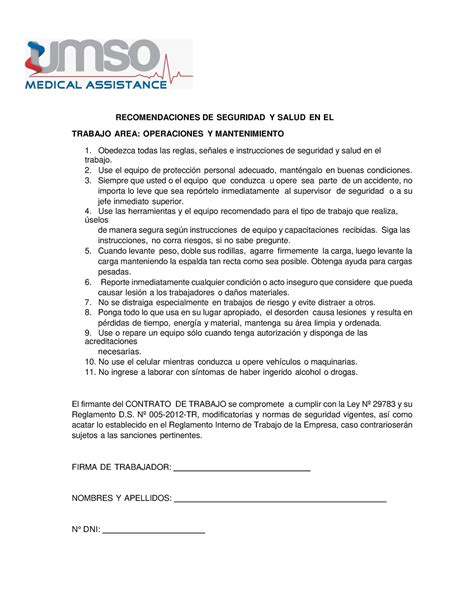 Recomendaciones De Sst Area Operaciones Y Mantenimiento V2 Recomendaciones De Seguridad Y