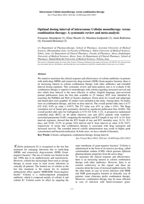 Pdf Optimal Dosing Interval Of Intravenous Colistin Monotherapy