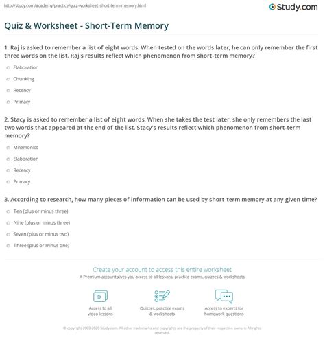 Quiz And Worksheet Short Term Memory