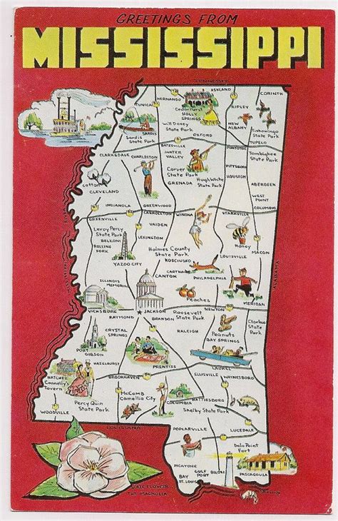 Retro Mississippi Tourist Map Postcard Souvenir Fun Vintage Cartoon Scenes The Magnolia State