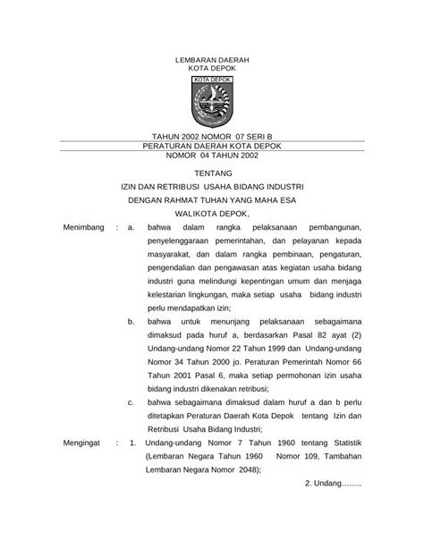 PDF Nomor 4 Tahun 2002 Tentang Izin Retribusi Usaha Bidang I