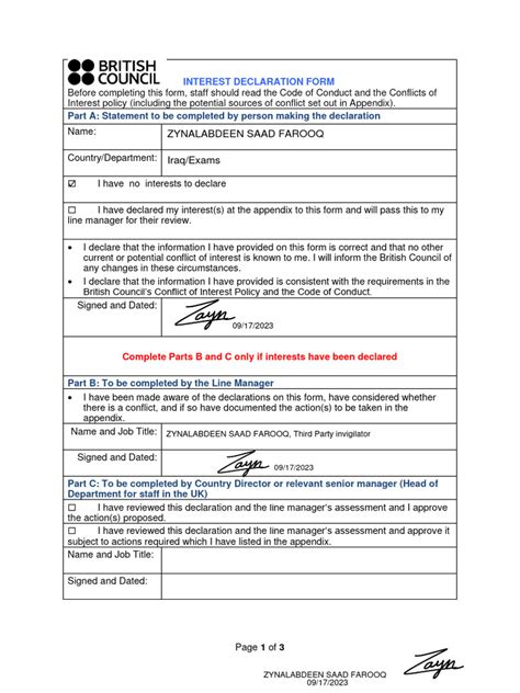 6 Declaration Of Interests Form Pdf Employment Business