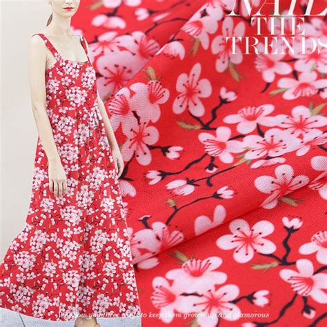 Cherry Blossom Floral Print Red Pure Silk Crepe De Chine Fabric Width