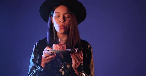 Happy Birthday Woman Making Wish Blowing Candle On Cake People Stock