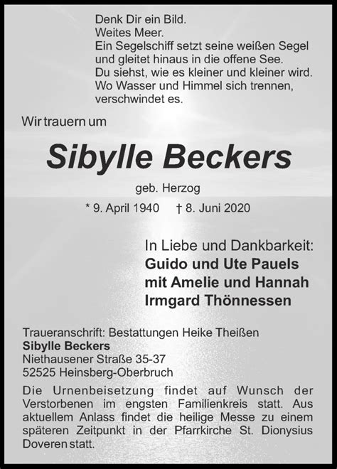 Traueranzeigen Von Sibylle Beckers Aachen Gedenkt