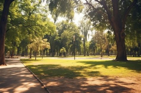 premium photo  picturesque park  tall trees   bench
