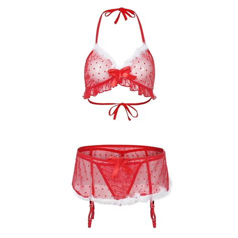 Erotic Lingerie Set Xmas Women Bra And Thong Garter Set Perspective Lace Porno Christmas
